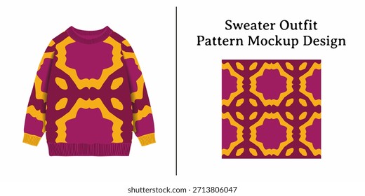 Una Ilustración vectorial plana con una maqueta de suéter de cuello redondo que se muestra junto con su correspondiente patrón geométrico sin costuras en magenta y amarillo.