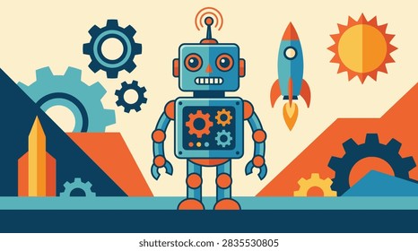 Flat vector illustration featuring a cute robot surrounded by mechanical gears, a rocket ship, and a sun in a colorful modern graphic style.