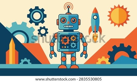 Flat vector illustration featuring a cute robot surrounded by mechanical gears, a rocket ship, and a sun in a colorful modern graphic style.