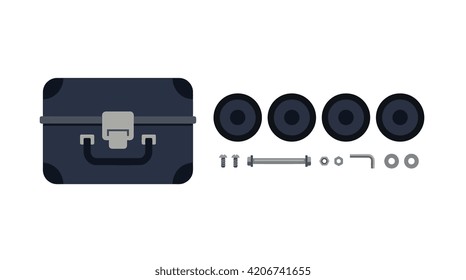 A flat vector illustration featuring a dark blue travel suitcase alongside a set of four replacement wheels and essential assembly hardware, including screws, bolts, and an Allen wrench. This isolated graphic is ideal for DIY luggage repair tutorials, travel maintenance guides, or product replacement parts catalogs.
