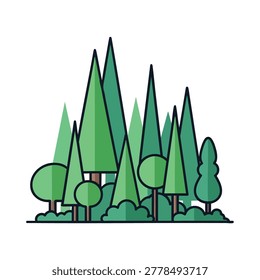 A flat vector illustration featuring a dense collection of stylized evergreen pine trees and rounded deciduous trees arranged in a natural woodland cluster.
