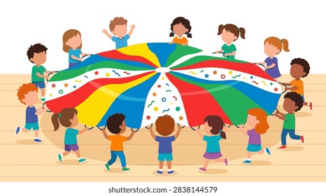 A flat vector illustration featuring a diverse group of multi-ethnic boys and girls holding onto the edges of a large, circular, multicolored parachute. The parachute has segments of red, yellow, green, and blue, with some white sections decorated with colorful stars and confetti shapes. The children are depicted in a circle on a light-colored wooden gym floor, engaging in a cooperative physical education activity or playground game. The design is clean, colorful, and set against a white background, emphasizing teamwork, friendship, and childhood fun.
