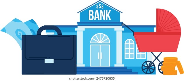 Flat vector illustration featuring finance elements. Blue bank building column facade, baby stroller filled coins next it. Briefcase paper money foreground, business family savings concept