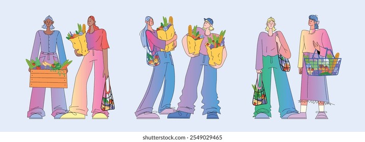 Ilustración vectorial plana con cuatro personajes que sostienen varias bolsas de comestibles y cestas llenas de productos frescos. Personajes femeninos y masculinos en atuendos casuales.