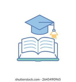 Flat vector illustration featuring a graduation cap on an open book. Educational concept with stylized design and light blue tones.