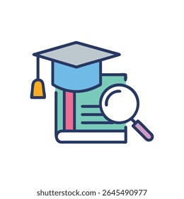A flat vector illustration featuring a graduation cap, book, and magnifier, conveying education and academic research concepts in a simple style.