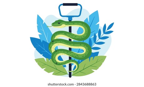 A flat vector illustration featuring a green snake gracefully coiled around a professional reptile handling hook. The background is decorated with stylized tropical leaves in shades of blue and green, creating a jungle-like atmosphere. This graphic represents herpetology, wildlife rescue, and the safe handling of exotic reptiles.