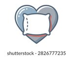 A flat vector illustration featuring a grey heart shape with a clean white pillow centered inside, representing comfort and sleep