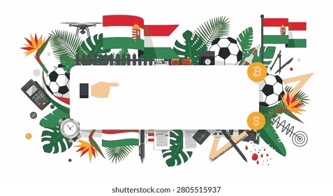 Flat vector illustration featuring Hungarian national flags, soccer balls, tropical leaves, financial icons, and a drone surrounding a central blank white horizontal text banner.