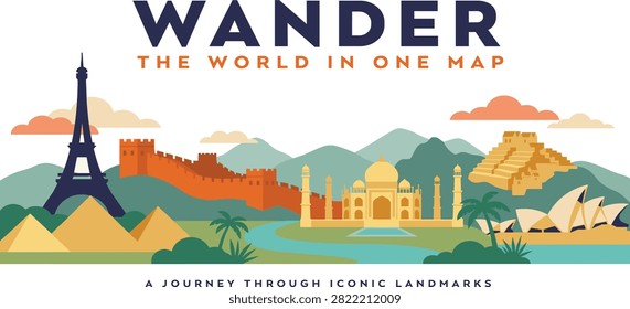 A flat vector illustration featuring iconic world landmarks including the Eiffel Tower, Great Wall of China, Taj Mahal, Pyramids, and Sydney Opera House.