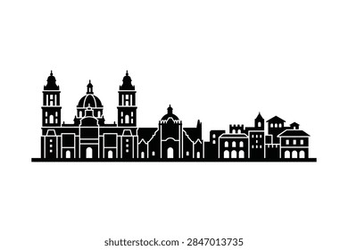 A flat vector illustration featuring the iconic architectural skyline of Morelia including its famous cathedral and historic buildings in black on a white background