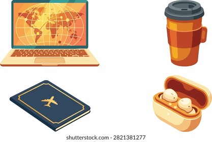 A flat vector illustration featuring a laptop with a world map, a coffee cup, a passport, and wireless earbuds, representing travel and remote work.