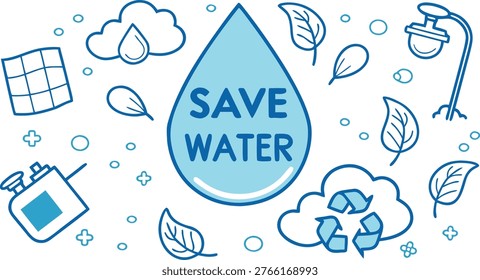 A flat vector illustration featuring a large central water drop with the text save water inside, surrounded by various environmental icons like leaves, clouds, a recycling symbol, a solar panel, and a lamp in a simple blue line art style on a white background, promoting water conservation and sustainability.