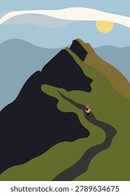 Flat vector illustration featuring a lone hiker on a winding mountain trail surrounded by dramatic peaks and natural landscapes, symbolizing adventure and exploration.