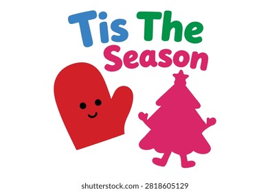 A flat vector illustration featuring a mitten and a christmas tree silhouette against a white background. Both shapes have simple