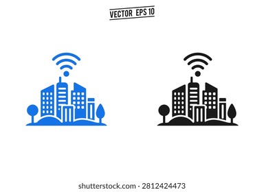 A flat vector illustration featuring a modern cityscape with skyscrapers and a wireless internet signal icon above representing a connected smart city environment