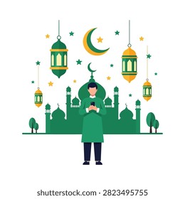 A flat vector illustration featuring a Muslim man in a green tunic holding a smartphone, standing in front of a green mosque silhouette. The scene is decorated with hanging traditional lanterns, a crescent moon, and stars, symbolizing Islamic holidays like Ramadan or Eid al-Fitr.