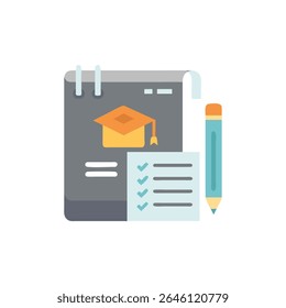 Flat vector illustration featuring a notepad, to-do checklist, graduation cap and pencil. Clean flat style with limited shading and clear shapes.