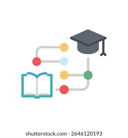 Flat vector illustration featuring an open book connecting to a graduation cap through a process diagram against a White Background.