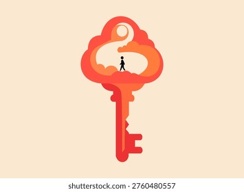 A flat vector illustration featuring an orange and red key shape against a light background. Inside the head of the key is a negative space scene depicting a small silhouette of a person walking on a cloud toward a sun, symbolizing discovery, opportunity, or unlocking potential.