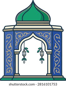 A flat vector illustration featuring an ornate Islamic-style archway decorated with intricate patterns and hanging lanterns, set against a white background.