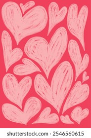 Flat vector illustration featuring a pattern of hand-drawn hearts in various sizes on a bright red background. Stylized sketchy texture creates a warm, romantic design, ideal for Valentine’s Day.