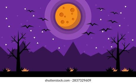 A flat vector illustration featuring a purple night landscape with a glowing full moon, dark silhouettes of spooky dead trees, distant mountain ranges, and flying bats under a starry sky. Perfect for Halloween party invitations, autumn night banners, spooky celebration cards, digital gaming backdrops, and seasonal promotional banners.