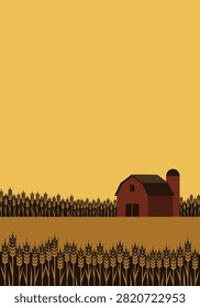 A flat vector illustration featuring a red farm barn and silo surrounded by a golden wheat field under a warm yellow sky.