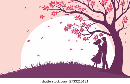 A flat vector illustration featuring a romantic couple standing together under a blooming pink cherry blossom tree. The background features a large rising sun and a soft pink sky, creating a peaceful and romantic atmosphere. Perfect for wedding invitations, Valentine’s Day cards, romantic book covers, and social media banners.