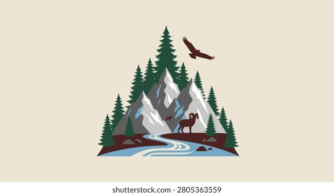 A flat vector illustration featuring a rugged mountain range surrounded by pine trees with a bighorn sheep standing near a river and an eagle flying above