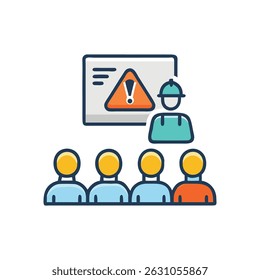 Flat vector illustration featuring safety training session. Audience watching presentation with warning sign on screen. Instructor in hard hat.