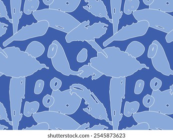 Flat Vector Illustration featuring seamless pattern with abstract blue leaves and organic shapes on dark background; isolated design for nature-inspired themes and decorative purposes