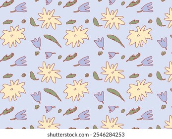 Flat Vector Illustration featuring seamless pattern with abstract yellow flowers, blue buds, green leaves on light background; isolated floral design for spring, Valentine's Day, Women's Day themes