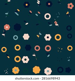 A flat vector illustration featuring a seamless pattern of small colorful flowers, round shapes, and abstract elements scattered across a deep dark green background, perfect for textile and wallpaper design.