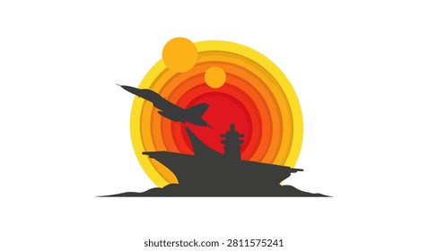 A flat vector illustration featuring the silhouette of a military aircraft carrier ship with a jet plane launching from the deck in front of a concentric circular sunset.