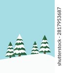 Flat vector illustration featuring snow-covered pine trees on a snowy hill under a clear blue sky, ideal for winter background designs.