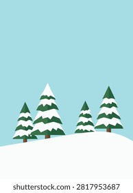 Flat vector illustration featuring snow-covered pine trees on a snowy hill under a clear blue sky, ideal for winter background designs.