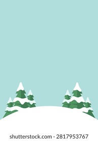 Flat vector illustration featuring snow-covered pine trees on a white hill against a light blue sky with copy space for winter background designs.