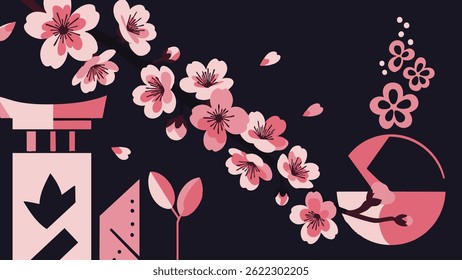 A flat vector illustration featuring stylized pink cherry blossoms, a traditional Japanese gate, and other geometric shapes on a dark background.