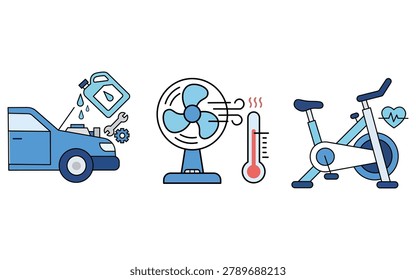 A flat vector illustration featuring three distinct icons representing car engine maintenance, an electric fan for cooling during heat, and a stationary exercise bike for fitness and health.