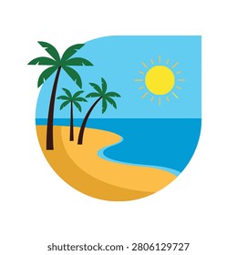 A flat vector illustration featuring a tropical beach with palm trees under a bright summer sun.