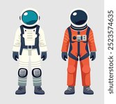 Flat vector illustration featuring two astronaut suits, one in white and one in orange, showcasing different space exploration gear. Ideal for space, science, and technology concepts.