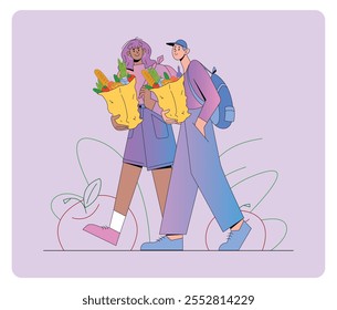 Ilustración vectorial plana con dos personajes caminando con comestibles en bolsas de papel. Un personaje con pantalones cortos y zapatillas, otro con una mochila. Ropa casual, Sentimiento relajado.