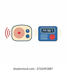 A flat vector illustration featuring two rectangular radio icons displayed side by side. One shows a retro cream speaker with sound waves, while the other presents a modern navy digital radio displaying an FM frequency. Bold shapes, clean lines, and contrasting colors create a simple, friendly design ideal for technology, audio, and broadcast concepts.