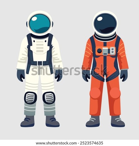 Flat vector illustration featuring two astronaut suits, one in white and one in orange, showcasing different space exploration gear. Ideal for space, science, and technology concepts.