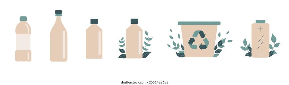 Flat vector illustration featuring various recyclable items, including bottles, a recycling bin.