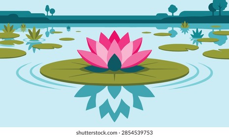 flat vector illustration featuring a vibrant pink lotus flower resting on a green lily pad floating peacefully on a calm blue pond surrounded by nature