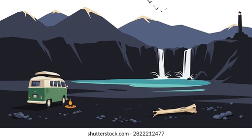A flat vector illustration featuring a vintage green camper van parked near a campfire by a serene lake with a double waterfall and a lighthouse.