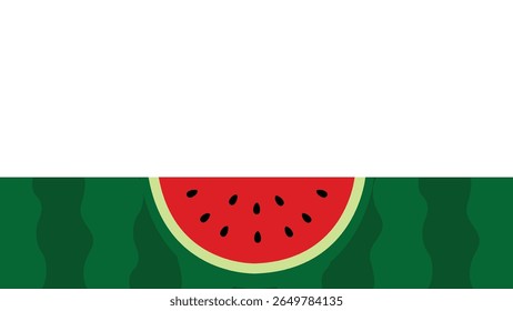 Flat vector illustration featuring a watermelon slice with black seeds and a green striped rind, with a border on white background