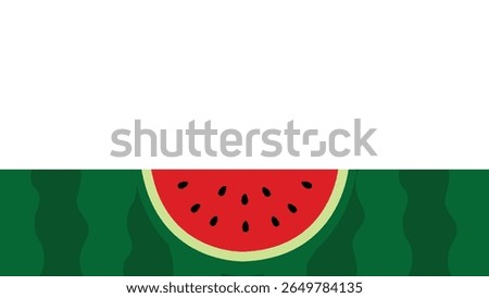 Flat vector illustration featuring a watermelon slice with black seeds and a green striped rind, with a border on white background